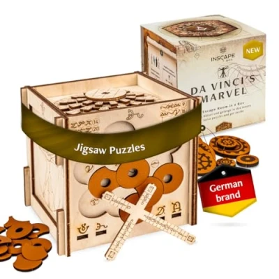 Image of INSCAPE Da Vinci&#039;s Marvel Puzzle Box Escape Room in A for Adults Cluebox Mind Puzzles Boxes with Hidden Compartments Wooden
