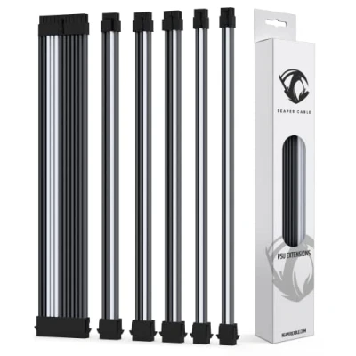 Image of Reaper Cable Sleeved PSU Extension Set Power Supply Extensions 1x 24 Pin/ 2x 8 6 4+4 Pin With Combs 30cm (Carbon &amp; White)