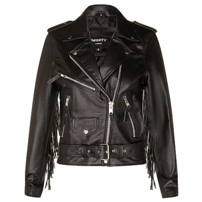 Image of Ladies Black FRINGE Leather Brando TASSELED Motorcycle Retro Cow Hide Biker Jacket