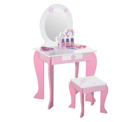 Image of HOMCOM Girls Dressing Table with Mirror, Stool, Kids Table, Unicorn Designed Play Toy for Toddles Age 3 6 Years, Acrylic Pink and White