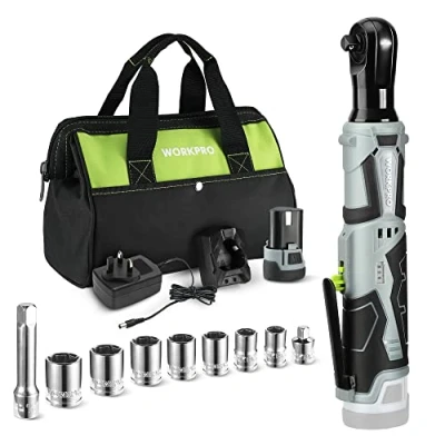 Image of WORKPRO Electric Cordless Ratchet Wrench Set, 3/8&quot; with 7 Sockets, Extension Bar &amp; Drive Adapter, 1H Fast Charger, 12V Powered 55N.m, 2.0Ah Lithium Ion Battery