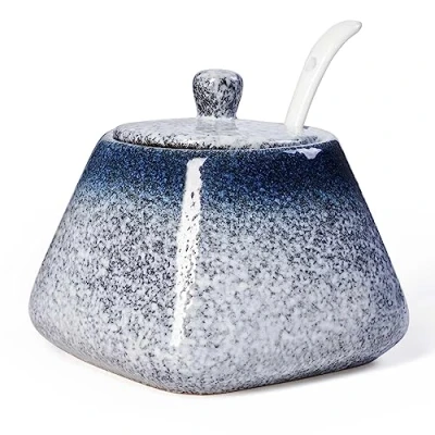Image of mehrido Ceramic Sugar Bowl with Lid and Spoon, 430ml Porcelain jar for Coffee Bar, Home Kitchen, Elegant Storage Container Sugar, Salt, Condiments