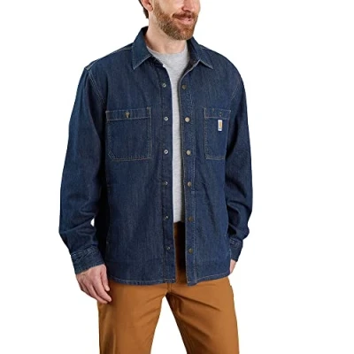 Image of Carhartt Men&#039;s Relaxed Fit Denim Fleece Lined Snap front Shirt, Glacier, XL