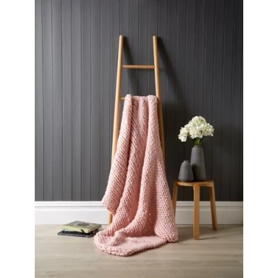 Image of Luxury Hand Knitted Throw Large Sofa Bed Wooly Cable Chunky Blanket (Pink, 120 x 150 cm)