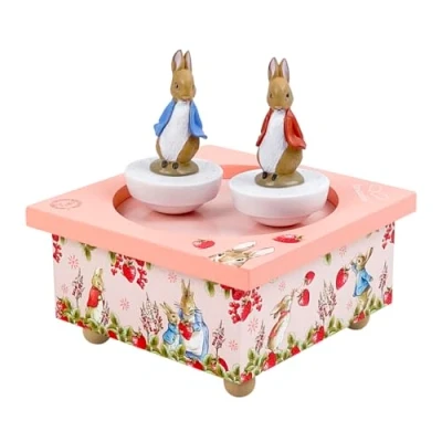 Image of Trousselier Peter Rabbit Strawberry Wooden Baby Dancing Music Box 2 Removable Figures Birth and Christening Gift The Magic Flute Mozart