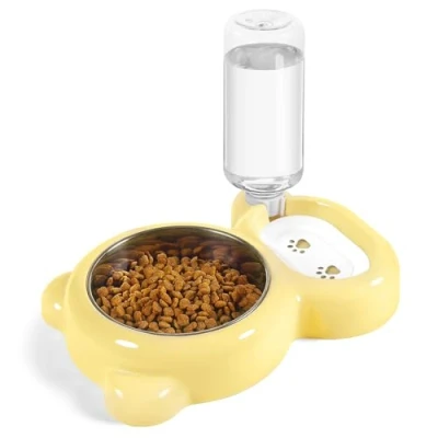 Image of Dog Bowls, Cat Food and Water Bowl Set with Dispenser Stainless Steel for Cats Small Dogs Yellow
