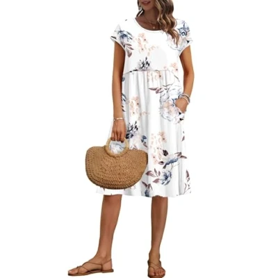 Image of AUSELILY Women&#039;s Summer Short Sleeve Knee Length Dresses Round Neck Loose Dress with Pockets Floral White M