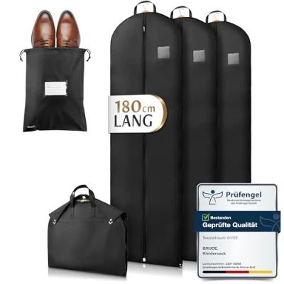 Image of ruce.® 3 x Premium Garment Bags Long 180 cm 60 Including 1 Shoe Bag, Cover for Coats, Jackets, Dresses &amp; Suit, Breathable Suit Travel Optimised Material