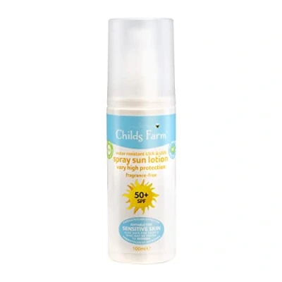 Image of Childs Farm Kids and Baby Sun Lotion Spray SPF 50plus Water Resistant UVA UVB Very High Protection Suitable for Dry, Sensitive Eczema prone Skin 100ml