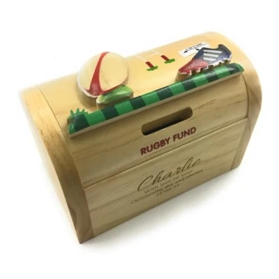 Image of Personalised Rugby Sports Design Wooden Money Box Engraved With Any Name/Message