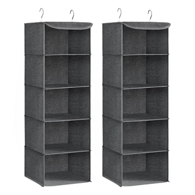 Image of SONGMICS Hanging Wardrobe Storage Organiser, Shelves, Foldable Clothes Space Saving, Metal Hooks, Bamboo Inserts, Linen Pattern,Grey RYCH06G