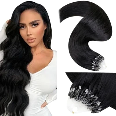 Image of LaaVoo Micro Beads Ring Hair Extensions Black Loop 22 Inch 50 Strands 50g Remy Straight Real Human #1