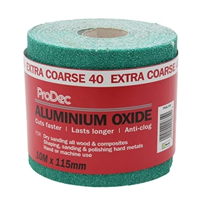 Image of ProDec 10m Roll 40 Grit Extra Coarse Grade Green Aluminium Oxide Abrasive Sanding Paper for Wood, Paint, Plaster, Filler, Metal and More, 115mm Wide Sandpaper Compatible with Machine Sanders