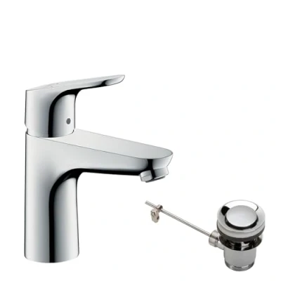 Image of hansgrohe Focus bathroom tap with pop up waste set, sink spout height 94 mm, basin mixer water saving (EcoSmart), chrome, 31607000