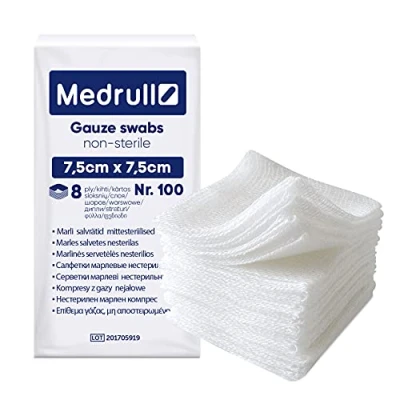 Image of Medrull 8 Ply Dressings 7.5 x cm Non Sterile 100% Cotton, Very Soft, Absorbent Gauze Medical Grade Pack of 100