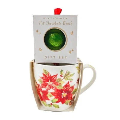 Image of Lesser &amp; Pavey Christmas Poinsettia Mug with Hot Chocolate Bomb Gift Idea for Xmas Themed Mug, Gift, UK Design, Drinks, Tea, Coffee Drinkware