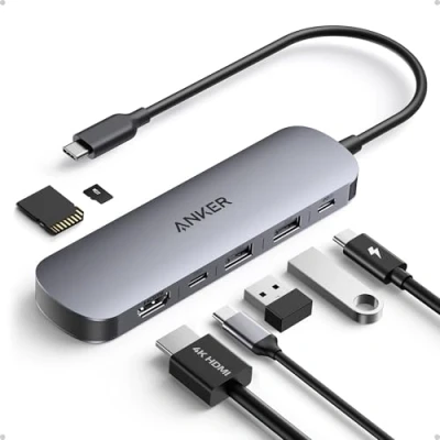 Image of Anker USB C Hub, 7 in 1 Multi Port Adapter for Laptops, 4K@60Hz to HDMI Splitter, 100W Max Power Delivery, 3xUSB A &amp; 3.0 Data Ports, SD/TF Card, Type Devices (Charger Not Included)