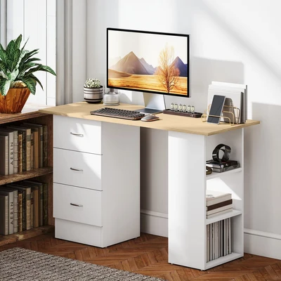 Image of HOMCOM Computer Desk, Writing Table, PC Workstation with 3 Storage Shelves and Drawers, Silver Handle, for Home Office, Natural Wood Finish White
