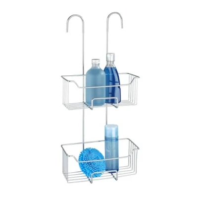 Image of WENKO Milo Thermostat Hanging Shower Shelf 2 Baskets Deep Shelves No Drilling Tile Protection Stainless Steel 25 x 55 14 cm Glossy