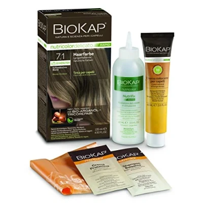Image of BIOKAP Rapid Permanent Hair Colour 7.1 Swedish Blonde Only 10 Minutes Reaction Time Organic Argan Oil TricoRepair Complex Vegan Optimal Grey Coverage Up to 80% Natural Ingredients