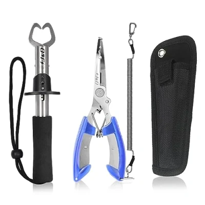 Image of J&amp;D Fishing Pliers and Fish Lip Gripper Set, Multi Functional Stainless Steel Plier Gear Hook Remover Tool with Safety Coiled Sheath Lanyard for Freshwater Saltwater Fishing, Blue