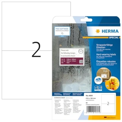Image of HERMA Self Adhesive Film Labels, 2 Labels per A4 Sheet, 25 Sheets, 210 x 148 mm, 50 Blank Weatherproof Stickers, Sticky for Laser &amp; Inkjet Printer, White