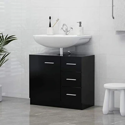 Image of ADWOA Sink Cabinet Black 63x30x54 cm Engineered Wood,Floor Standing Vantiy with Sink, Bathroom Vanity Storage
