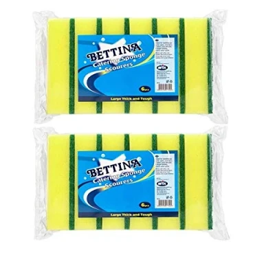 Image of Bettina 12pk Catering Scourers Heavy Duty Scrub Large, Thick &amp; Tough Sponge Size: 14 x 10 4cm 2 Pack of 6, Green,