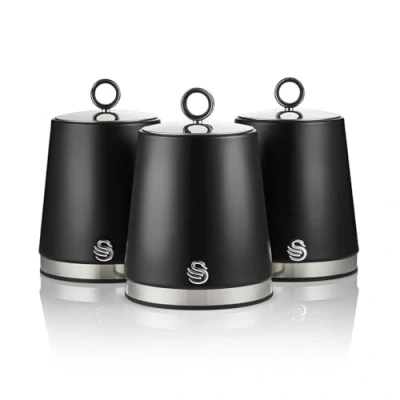 Image of Swan SWKA18536BLK Serenity Set of 3 Kitchen Storage Canisters for Tea, Coffee, and Sugar with Smooth Matt Finish Stainless Steel Accents, 1.3L, Black