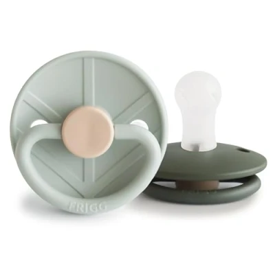 Image of FRIGG Little Viking Silicone Pacifier Pack of 2 Pacifiers Soother Dummy BPA Free Made in Denmark Symmetrical Cherry Shaped Nipple (Sage/Olive, Size 1 (0 6 Months))