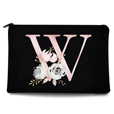 Image of 26 Letter Printed Zip Canvas Pouch Makeup Bag Make Up Bag, Cosmetic Travel Bag,Toiletry Bag,Organizer Bags,Toiletry Bags, Bride Bridesmaid Bag,Pencil Bag,Wash Bag,Coin Purse (Pink Flower W)