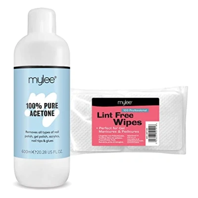 Image of Mylee Acetone &amp; Wipes Remover Kit 600ml Bottle + 100x Lint Free 100% Pure Nail Polish UV/LED GEL Soak Off