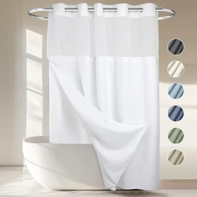 Image of No Hooks Required Waffle Weave Shower Curtain with Snap in Liner 71W x 74H,Hotel Grade,Spa Like Bath Curtain,White