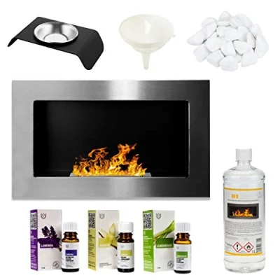 Image of GMT Bioethanol Eco Smokeless Fireplace Silver 65x40cm Indoor Decorative Wall mounted or recessed Fire Heater Chimney Modern Frame Design Easy to Mount with Bio Liquid Fuel &amp; Stones Aroma Oils