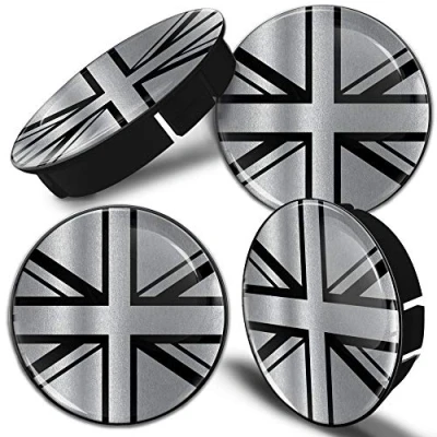 Image of Biomar Labs® 4 x 60mm 3D Universal Wheel Hub Centre Caps UK GB Union Jack United Kingdom England British National Flag Silver Black Center Rims C 110