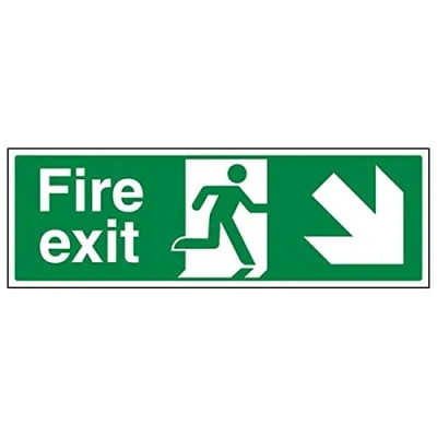 Image of V Safety Fire Exit Arrow Down Right 300 x 100 mm Restickable Sign