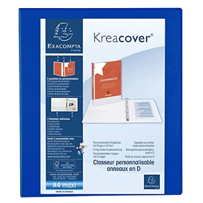 Image of Exacompta ref. 51842BE 1 customizable rigid opaque binder with 3 pockets 4 D rings of 30 mm Spine 47 External dimensions: 32 x 27.7 cm Format to be filed A4 Maxi Colour: blue