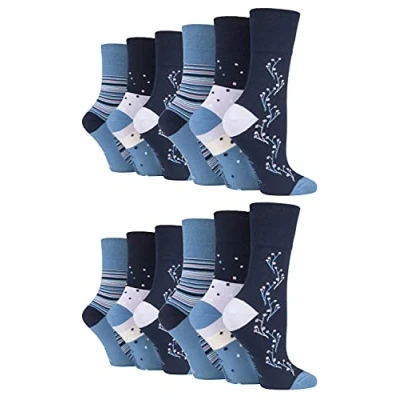 Image of Gentle Grip 12 pack ladies patterned wide top socks in 20 styles (SOLRH215)