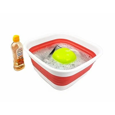Image of SAMMART 8L Collapsible Tub Foldable Dish Portable Washing Basin Space Saving Plastic Washtub (White/Coral Pink)