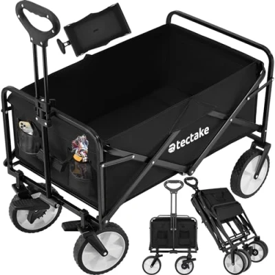 Image of tectake Foldable Trolley Cart on Wheels, 80 kg Capacity with Adjustable handle Including Carry Bag, Collapsible Camping for Gardening, Beach, Shopping, Festival and Fishing black