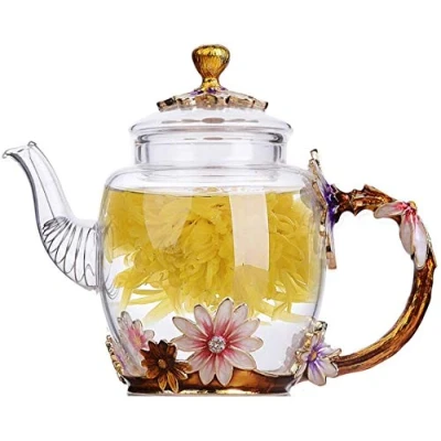 Image of YBK Tech Creative Flower Glass Teapot Crystal for Kung Fun Tea, Good Gift Sister, Mom, Grandma, Teachers (Chrysanthemum (Gold Handle))