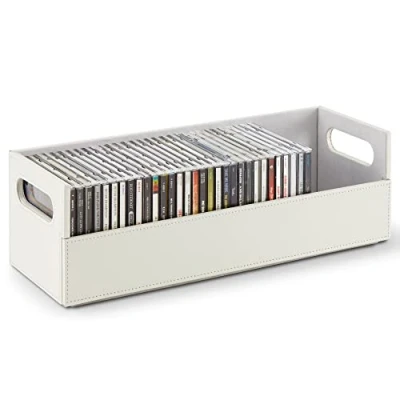 Image of Stock Your Home CD Storage Box, Organizer Shelf for Movie Cases, DVDs, Cassette Tape Display Stand, Disc Holder Can Store Up to 40 CDs, Faux Leather (White)