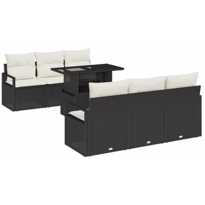 Image of vidaXL 7 Piece Garden Sofa Set with Cushions Black Poly Rattan