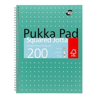 Image of Pukka Pad, A4 Squared Metallic Jotta Book Bulk 15 Pack 29.7 x 23cm Wirebound Notebook with 80GSM Paper Features 4 Hole Punch Margins and Perforated Edges 200 Pages, Green