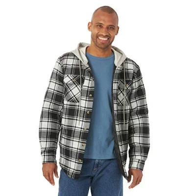 Image of Wrangler Authentics Men&#039;s Long Sleeve Quilted Lined Flannel Shirt Jacket with Hood Button, Black Off White, XL