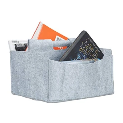Image of Relaxdays Felt Newspaper Basket, HxWxD: 22 x 32 99 cm, 2 Compartments, 1 Handle, Foldable Magazine Holder, Grey