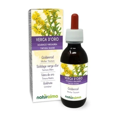 Image of Goldenrod (Solidago virgaurea) herb with Flowers Alcohol Free Mother Tincture Naturalma Liquid Extract Drops 120 ml Food Supplement Vegan