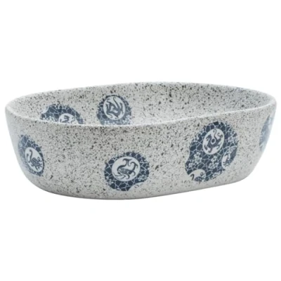 Image of vidaXL Handmade Ceramic Countertop Basin Grey and Blue Oval Shape, Impact &amp; Stain Resistant with Unique Vintage Patterns, 47x33x13 cm