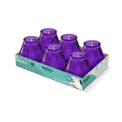 Image of Bolsius Outdoor Candles 6 Pieces in Glass Purple Burning Time 70 Hours No Palm Oil Clean Cotton Wick Non Scented