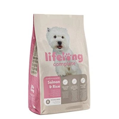 Image of Amazon Brand Lifelong Complete Dry Dog Food with Salmon &amp; Rice for Small Breeds, 1 Pack of 3kg